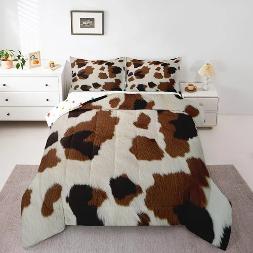 Miniatura 10 de Juego de edredón de piel de vaca, edredón de plumón con estampado de vaca, juegos de ropa de cama de teñido anudado negro y marrón para niños