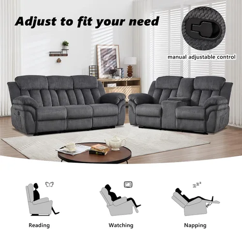 Miniatura 3 de CANMOV Juego de sofá reclinable, sofá biplaza reclinable manual y sofá de 3 plazas con reposabrazos sobrerelleno para sala de estar, muebles de Gris