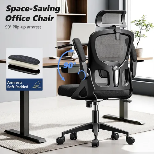 Miniatura 5 de Silla de oficina ergonómica, silla de escritorio de respaldo alto con brazos abatibles, silla de computadora de malla de 300 libras con Negro