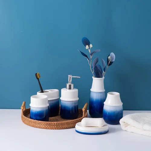 Miniatura 7 de Jarrón de hierba de las pampas, decoración moderna de granja, jarrón de cerámica azul para decoración del hogar, jarrón decorativo bohemio pequeño