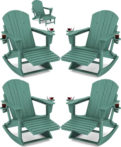 Miniatura 20 de Mecedora Adirondack de KINGYES con Otomana Retráctil y Portavasos, Silla Reclinable de Patio de HDPE Adirondack para Porche, Patio, Balcón, Azul Aqua