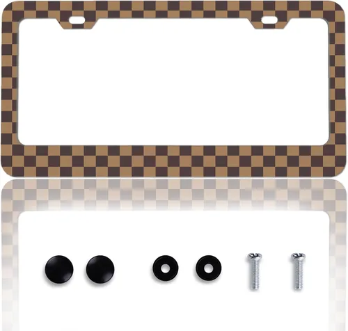 Miniatura 13 de Marco de matrícula de cuadro ajedrezado en blanco y negro, soporte de matrícula con bandera de carrera a cuadros para accesorios de automóvil