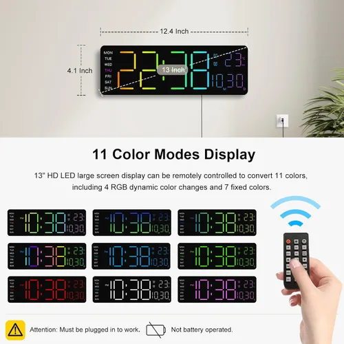 Miniatura 2 de JoFomp Reloj de pared digital LED RGB de 12 pulgadas con control remoto, pantalla de segundos, reloj despertador digital enchufable con brillo