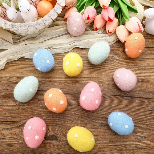 Miniatura 4 de VitalCozy 12 huevos de Pascua coloridos de fieltro con lunares pastel, huevos de fieltro sorpresa, adornos colgantes para cestas de Pascua