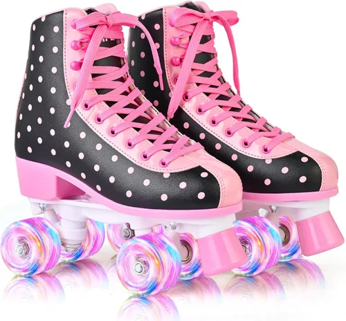 SULIFEEL Patines de ruedas para niñas y mujeres con ruedas iluminadas y patrón de lunares, patines para niños y adultos para uso en interiores y al
