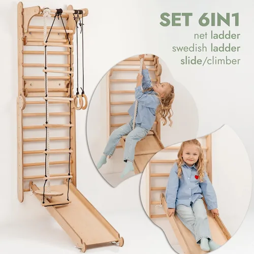 Miniatura 2 de Zona de juegos interior 6 en 1 para niños, pared sueca de madera, escalera de escalada, tobogán, columpio, anillos de gimnasia, pared de escalada