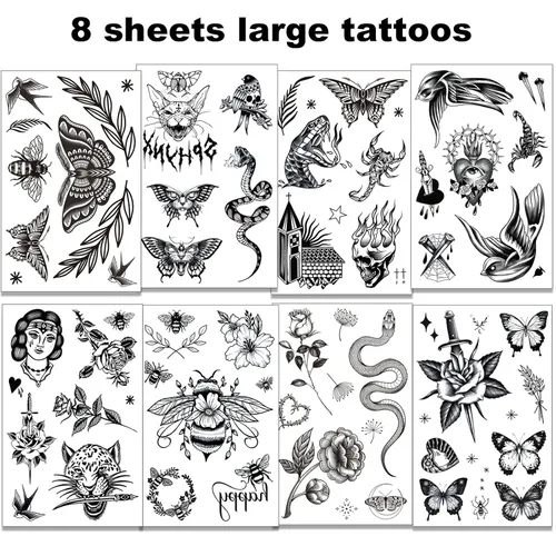 Miniatura 2 de Tazimi 8 hojas de tatuajes temporales grandes en negro para mujeres y niñas, tatuajes falsos realistas de mariposas, serpientes, abejas