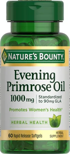 Aceite de onagra Nature's Bounty 1000mg, Promueve la salud de la mujer, suplemento herbal, libre de gluten, 60 cápsulas de liberación rápida