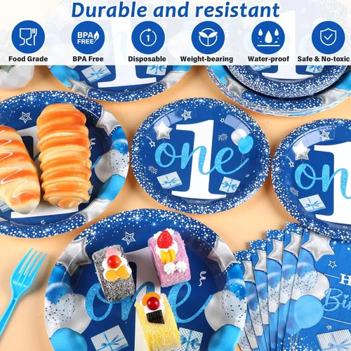 Miniatura 3 de Wiooffen Juego de vajilla para fiesta de cumpleaños de niño de 1 año, azul, 96 piezas, para 24 invitados, platos de papel, servilletas, tenedores