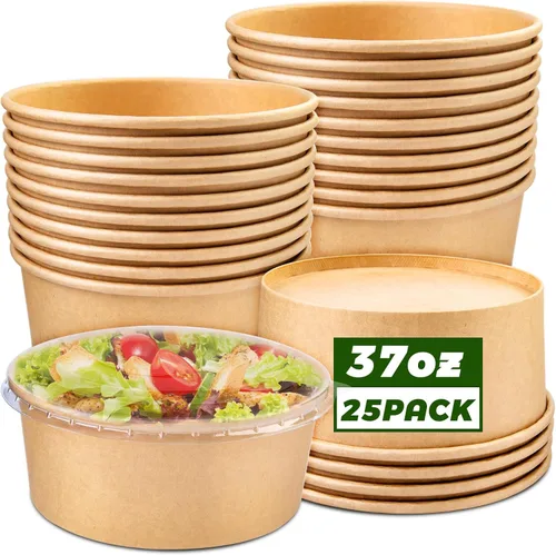 Miniatura 15 de Paquete de 25 envases de papel de 25 onzas, contenedores de alimentos desechables con tapas, cuencos desechables, cuencos de ensalada desechables