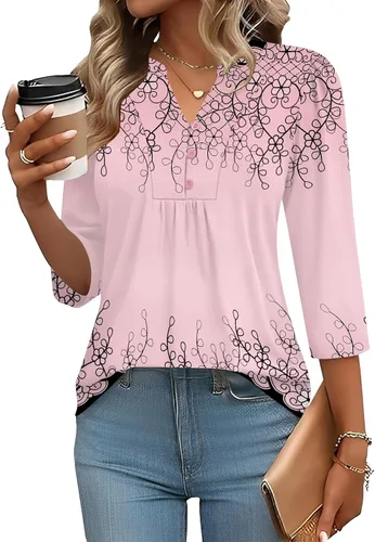 Miniatura 28 de IECCP Blusas de verano de manga 3/4 para mujer, estilo casual, cuello Henley, cuello en V, plisadas, ajuste holgado, blusas de trabajo