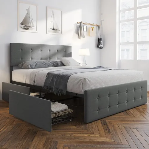 Miniatura 8 de GAOMON Base de cama de tamaño matrimonial con 4 cajones de almacenamiento y cabecero, base de colchón tapizada con plataforma completa, base