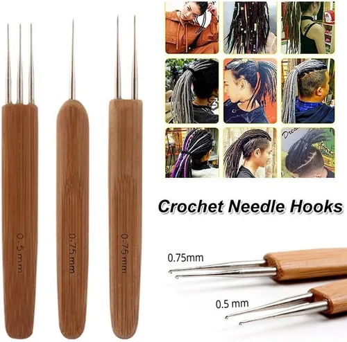 Miniatura 4 de 0.020 in 0.030 in 1/2/3 cabeza dreadlock ganchillo gancho mango de bambú trenza pelo rastas aguja tejer ganchillo pelo dreadlock trenza accesorios