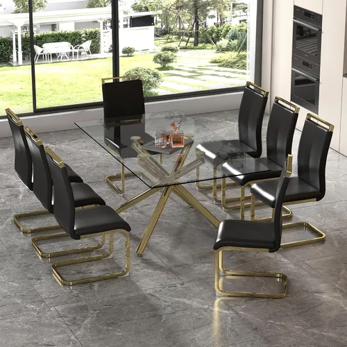 Juego de 8 mesas de comedor de cristal, moderno juego de mesa de comedor de 71 pulgadas con 8 sillas de comedor tapizadas de piel sintética para