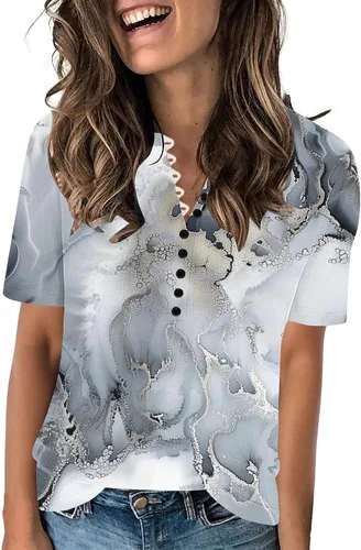 Miniatura 25 de Summer Shirts for Women 2025 Plus Size Short Sleeve Henley Tops Marble Floral Loose Tshirt Tee Casual Dressy Tunics