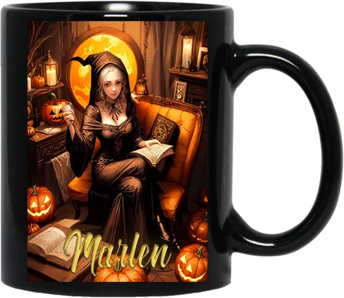 Taza de bruja personalizada con nombre y hermosa bruja Marlen, taza de Halloween personalizada, taza de bruja con tu nombre o texto en taza negra,