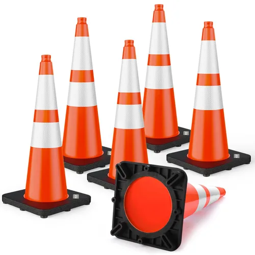BATTIFE Conos de tráfico de 28 pulgadas con base ponderada negra, conos de seguridad de PVC naranja para control de tráfico, eventos de