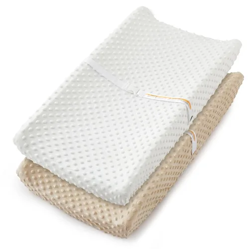 Homiest Paquete de 2 fundas para cambiador, sábanas blancas y beige, tela de vellón ultra suave, tela de lunares minky, funda transpirable y cómoda