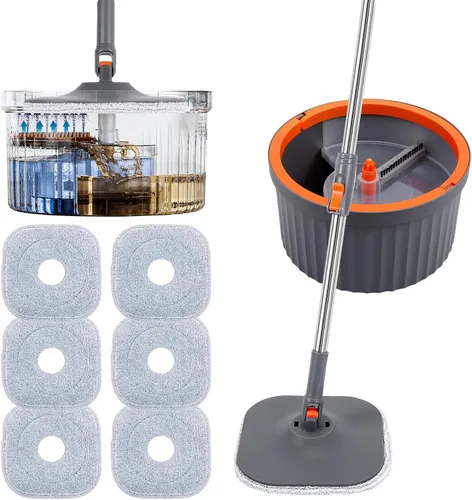 Chabatree Juego de trapeador y cubeta, juego de trapeador giratorio y cubo con agua sucia y limpia separada, 6 almohadillas de trapeador