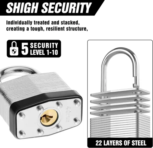 Miniatura 3 de 6 candados con las mismas llaves, acero laminado negro plata (1-9/16 pulgadas, 1.575 in), grillete normal para cobertizos, puertas, vallas, caja