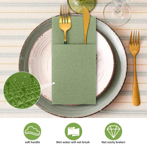 Miniatura 3 de Seajan 35 servilletas de lino de bolsillo, servilletas desechables de papel airlaid preplegadas con bolsillo integrado para cubiertos para Verde