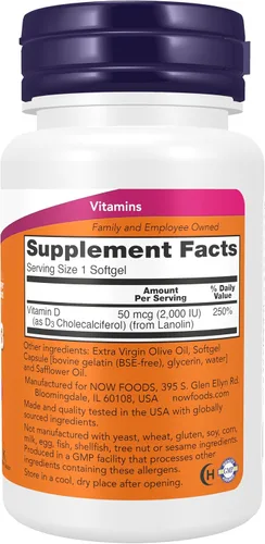 Miniatura 2 de NOW Foods Suplementos, Vitamina D-3 2000 UI, Alta Potencia, Apoyo Estructural*, 240 cápsulas blandas
