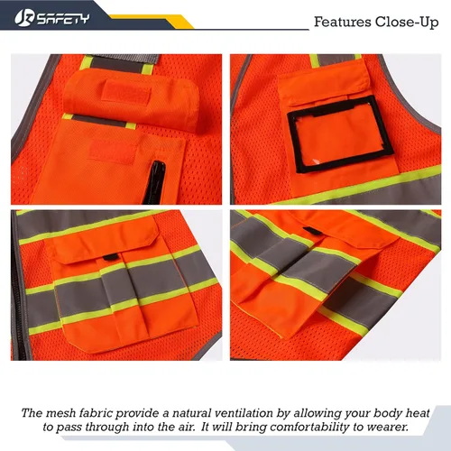 Miniatura 4 de JKSafety Chaleco de seguridad de malla de alta visibilidad con 9 bolsillos para hombres y mujeres, Chaleco reflectante de seguridad, cremallera