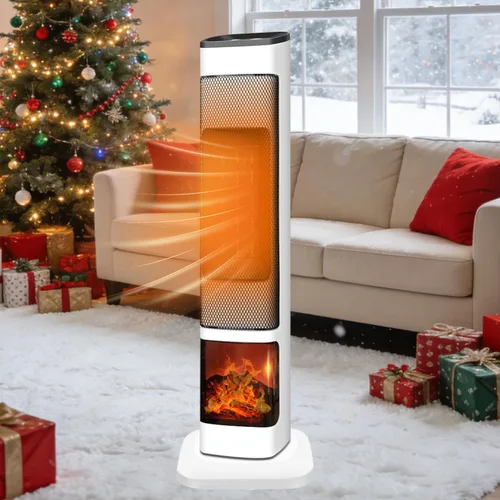 Calentador de espacio para interiores, calentadores eléctricos de 1700 W con control remoto y termostato, 5 modos, temporizador de 9 horas, llama