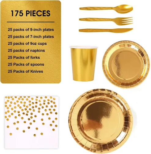 Miniatura 3 de Juego de vajilla desechable dorada de 175 piezas para fiestas, platos de papel dorados, servilletas, vasos, tenedores de plástico dorado, cuchillos