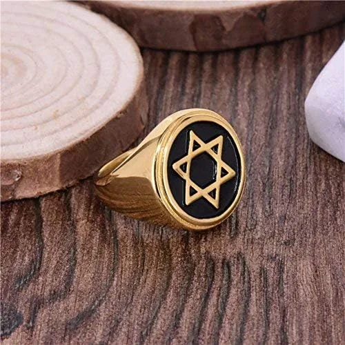 Miniatura 2 de jajafook Hexagrama six-pointed judío estrella de David incrustaciones banda de boda anillos para hombres tono de oro