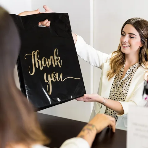 Miniatura 5 de Paquete de 100 Bolsas de Compras Negras de Agradecimiento para Pequeñas Empresas - 9"x12" Extra Gruesas 2.36 Mil Bolsas de Agradecimiento de Negro
