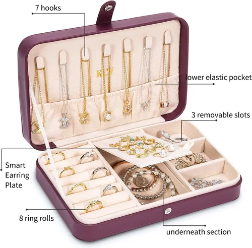 Miniatura 2 de KCY Joyero para mujeres y niñas, estuche organizador de joyas de viaje pequeño, de piel sintética, portátil, cajas de almacenamiento para anillos