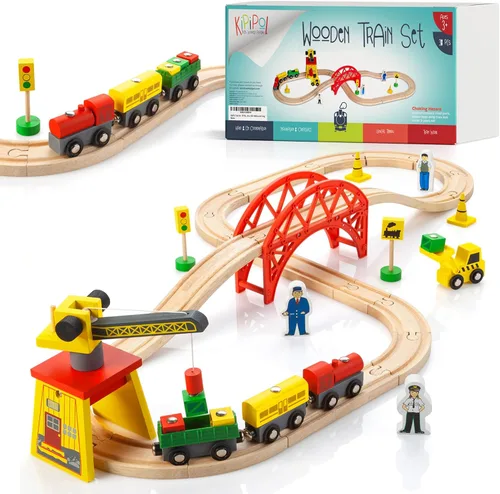 KipiPol Juegos de trenes de madera para niños de 2 a 4 a 7 años – 38 piezas de tren de madera para niños pequeños con grúa, puente y pistas de tren