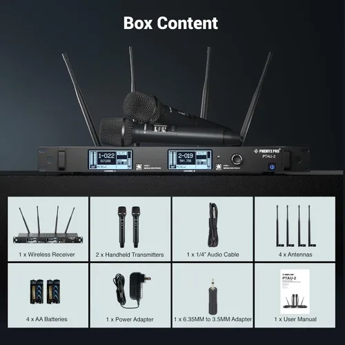 Miniatura 7 de Phenyx Pro Sistema de Micrófono Inalámbrico de Doble Canal, Micrófonos Dinámicos con Bloqueo de ID, Nivel de Potencia Ajustable, Escaneo Automático