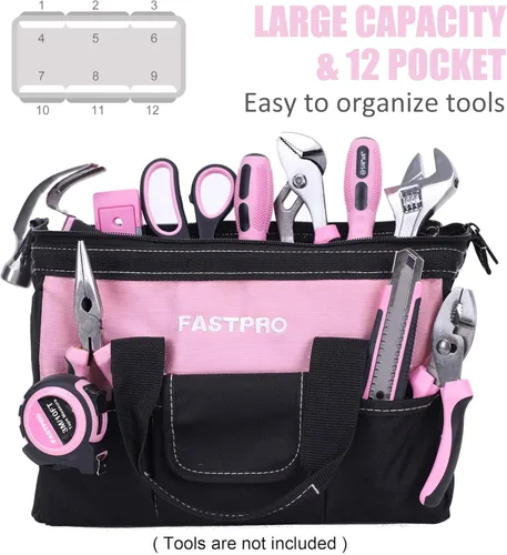 Miniatura 4 de FASTPRO Bolsa de herramientas rosa de 12 pulgadas, almacenamiento abierto de boca ancha con cremallera, material de tela de poliéster 600D para una