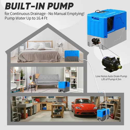 Miniatura 5 de 190PPD Commercial Dehumidifier with Pump for Basement-6000Sq.Ft. Warehouse, Large Space Crawl Space Dehumidifier for Efficient Water Damage Azul