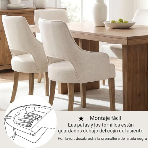 Miniatura 7 de Juego de 6 sillas de comedor tapizadas de granja, sillas de comedor de tela de lino con brazos, sillas laterales de cocina de madera maciza
