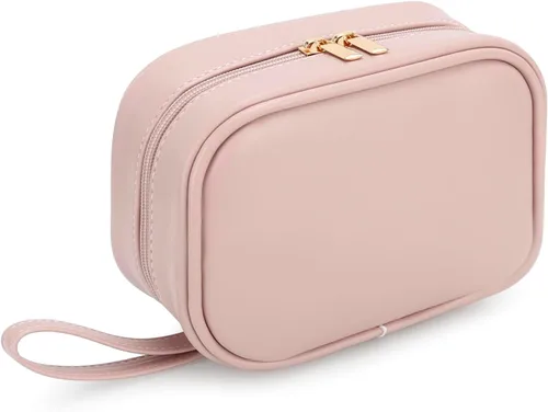 E-Tree Bolsa de maquillaje de piel sintética para mujer, organizador de cosméticos de viaje con doble cremallera, bolsa de aseo pequeña impermeable