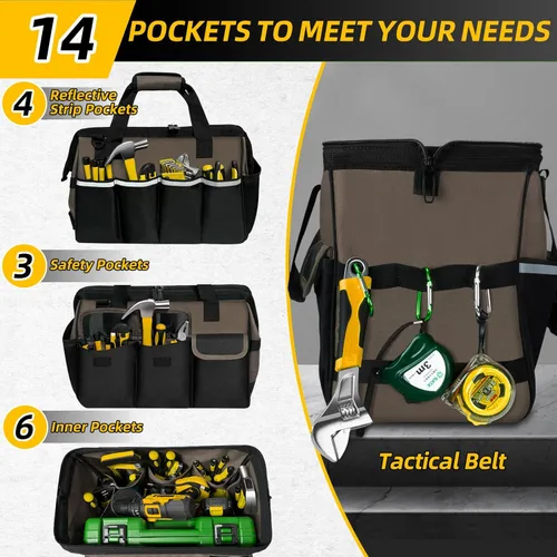 Miniatura 4 de NECKORY Bolsa de herramientas, organizador de caja de herramientas portátil, correa de hombro ajustable, bolsa de transporte de herramientas Café
