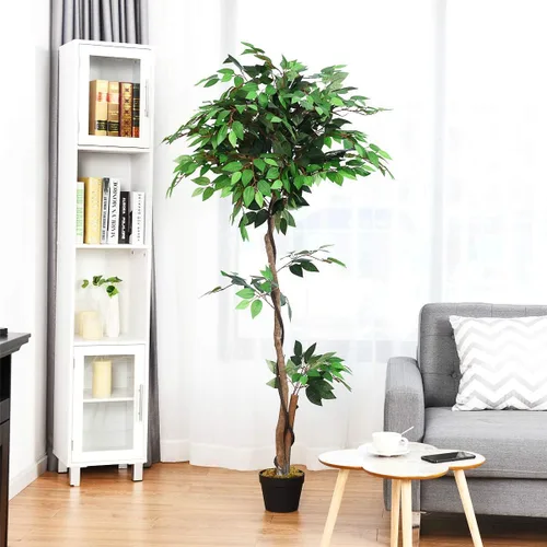 Miniatura 2 de Goplus Árbol artificial de hoja de seda de ficus de 5.5 pies, árbol falso en maceta con hojas verdes y tronco natural, sin mantenimiento, planta