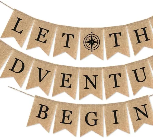 Miniatura 3 de SWYOUN Cartel de arpillera con texto en inglés «Let the Adventure Begin», suministros para fiestas temáticas de viaje, baby shower, graduación