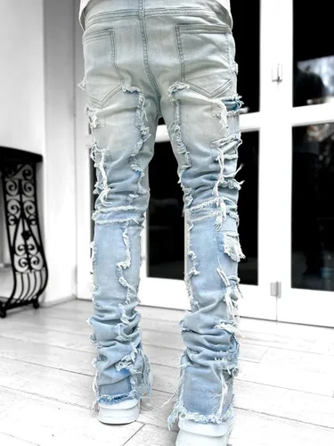 Miniatura 5 de Kodaruber Jeans apilados para hombre, ajustados, rasgados, elásticos, desgastados, rectos, pantalones de mezclilla hip hop, ropa de calle