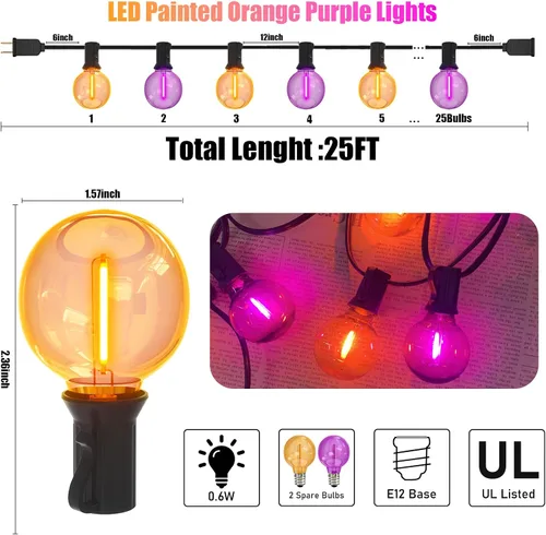 Miniatura 2 de Luces de Navidad Moradas y Naranjas, 25 pies, 27 unidades, luces de cadena LED G40 de Navidad, luces de decoración de interiores para patio al aire