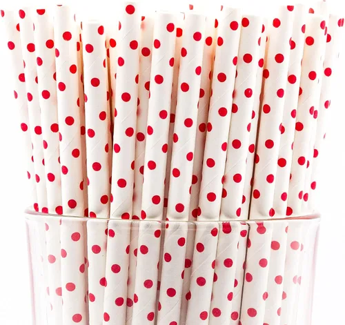 Miniatura 60 de Paquete de 150 pajitas de papel biodegradables con lunares rojos de 4 capas (compostables, no tóxicas, sin BPA)