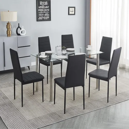 Miniatura 2 de Juego de mesa y silla de comedor de 7 piezas, juego de mesa de comedor para 6 mesas de cocina con 6 sillas, mesa rectangular de vidrio con 6 sillas