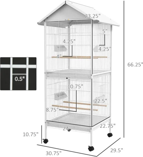Miniatura 7 de PawHut Comedero de jaula de pájaros de metal forjado con soporte rodante, posaderas, contenedores de alimentos, puertas, ruedas, 67 pulgadas