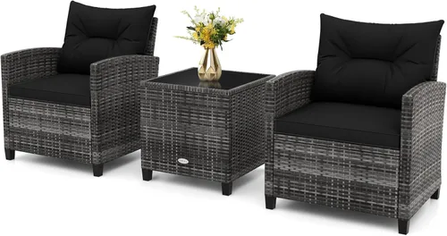 Miniatura 16 de RELAX4LIFE Juego de muebles de patio de 3 piezas, juego de conversación de mimbre con 2 sillones acolchados y mesa con tapa de cristal, juego