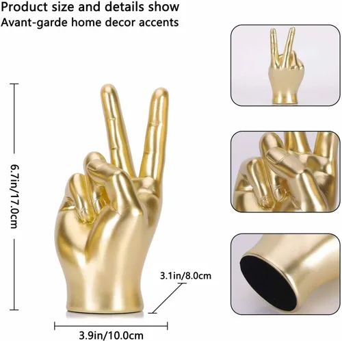 Miniatura 2 de LCCCK Escultura de mano dorada para decoración de signo de paz, estatua de mano de gesto genial para estantes, regalo extraño escultura funky