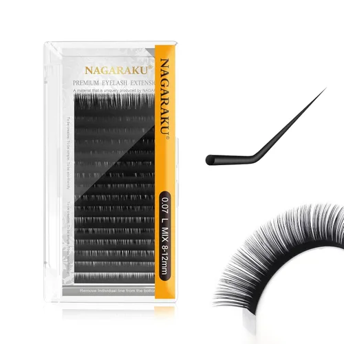 Miniatura 58 de NAGARAKU Extensiones de pestañas, pestañas individuales, 0.05mm, rizo D, 15mm, clásico, negro mate, suave, natural, profesional, 16 filas, 0.05-D