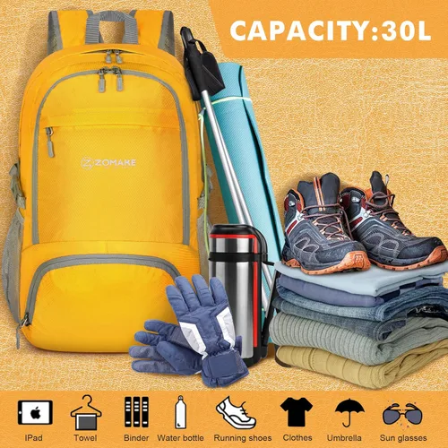 Miniatura 3 de ZOMAKE Mochila plegable ligera de 30 L, mochilas de senderismo plegables resistentes al agua Mochila plegable compacta para viajes (amarillo)